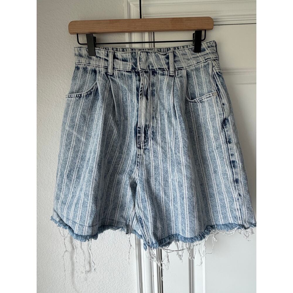 Free People Dogtown High Rise Jean Shorts 29 Striped Bermuda Denim w/ Frayed Hem - Picture 2 of 6